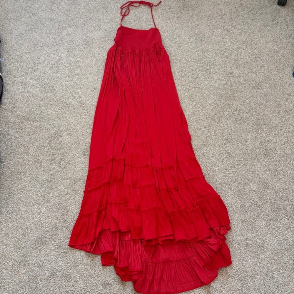 Free People Extratropical Maxi Dress Womens XS Red Smocked Halter Tiered Beachy